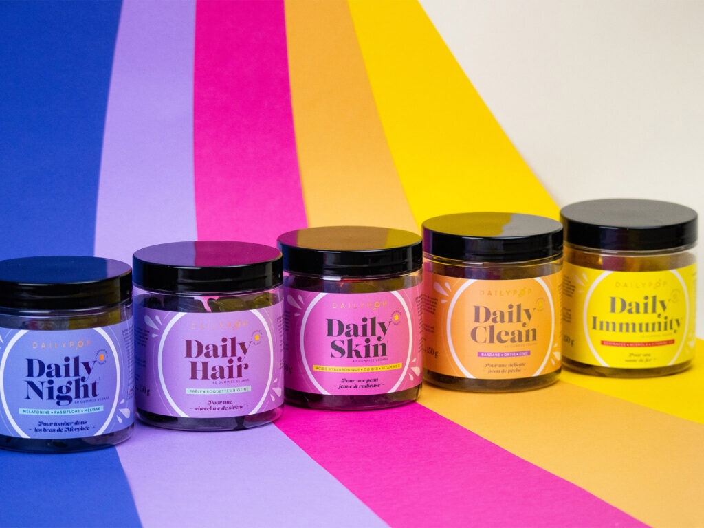 Branding, Logo, Création packaging coloré de gummies compléments alimentaires - Dailypop